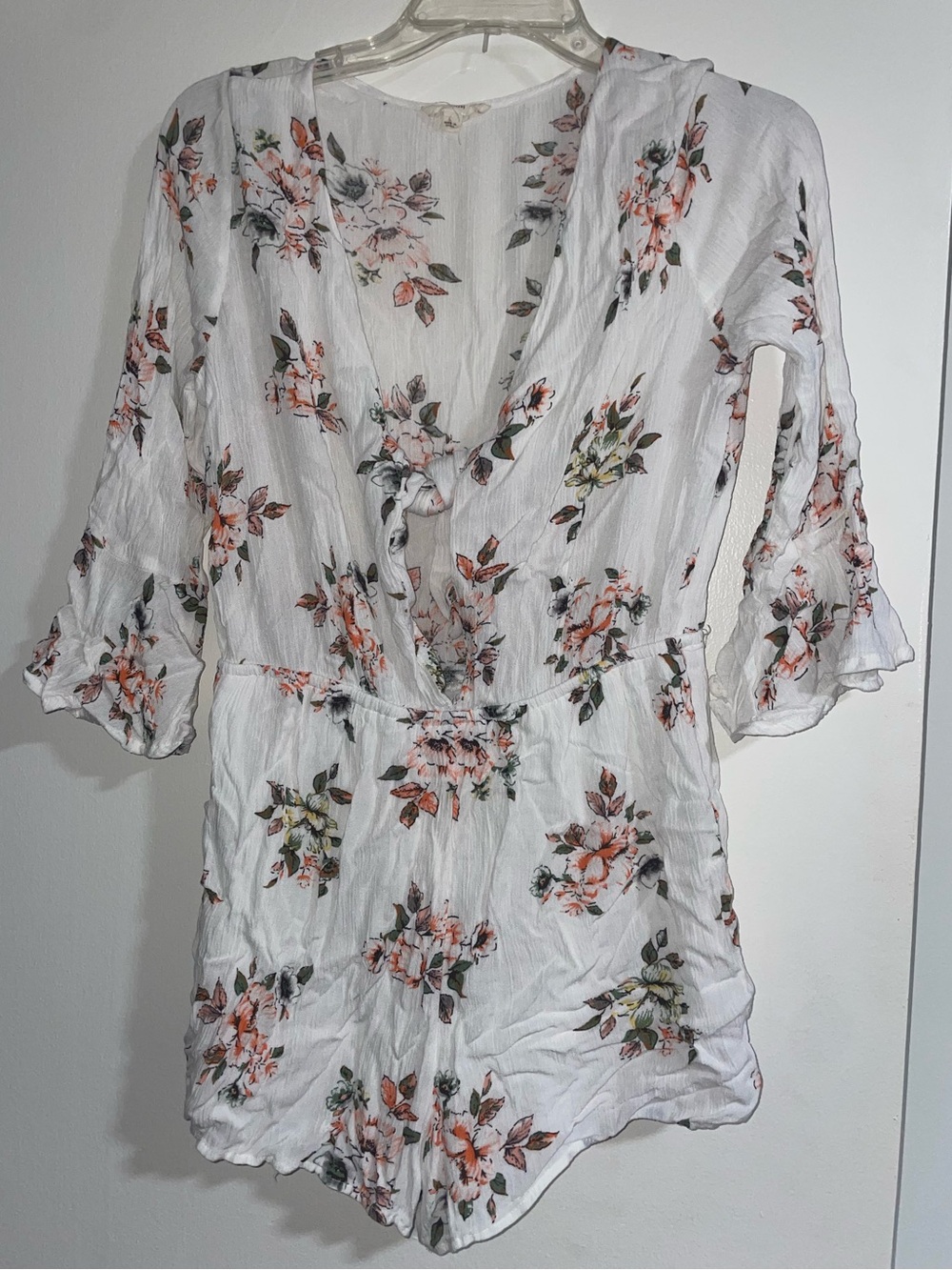 White Floral Wrap Romper with Peach and Green Accents